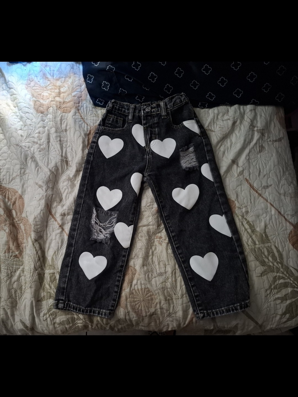Kids Black Heart Print Denim Jeans